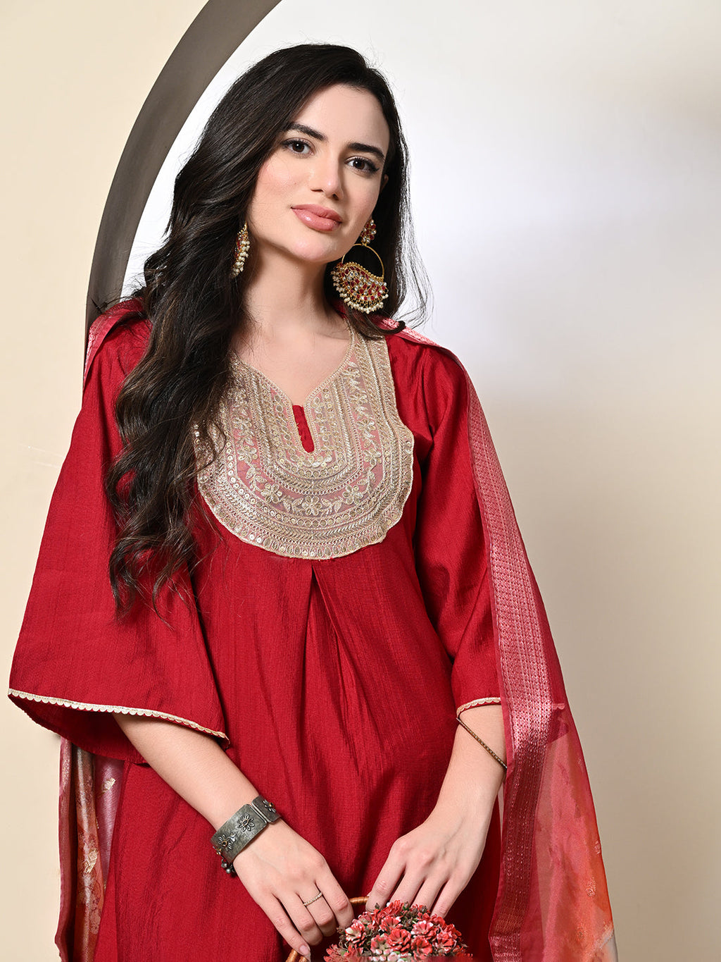 Myshka Women's Embroidered V-Neck Bell Sleeves Kurta & Dhoti Pants With Printed Dupatta Sets in Red Color