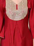 Myshka Women's Embroidered V-Neck Bell Sleeves Kurta & Dhoti Pants With Printed Dupatta Sets in Red Color