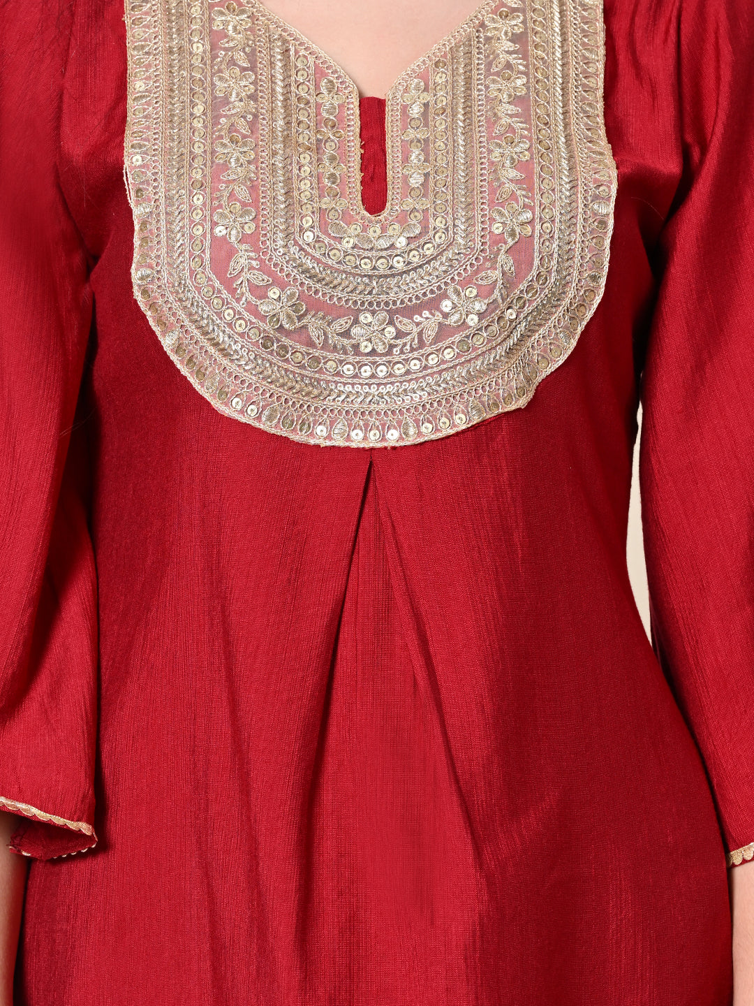 Myshka Women's Embroidered V-Neck Bell Sleeves Kurta & Dhoti Pants With Printed Dupatta Sets in Red Color