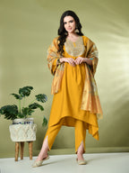 Myshka Women's Embroidered V-Neck Bell Sleeves Kurta & Dhoti Pants With Printed Dupatta Sets in Mustard Color