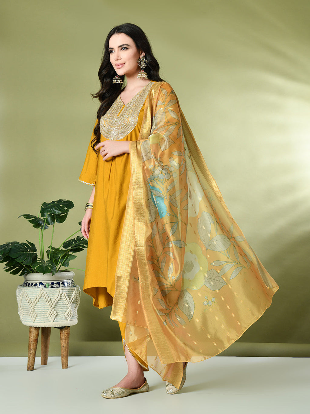 Myshka Women's Embroidered V-Neck Bell Sleeves Kurta & Dhoti Pants With Printed Dupatta Sets in Mustard Color