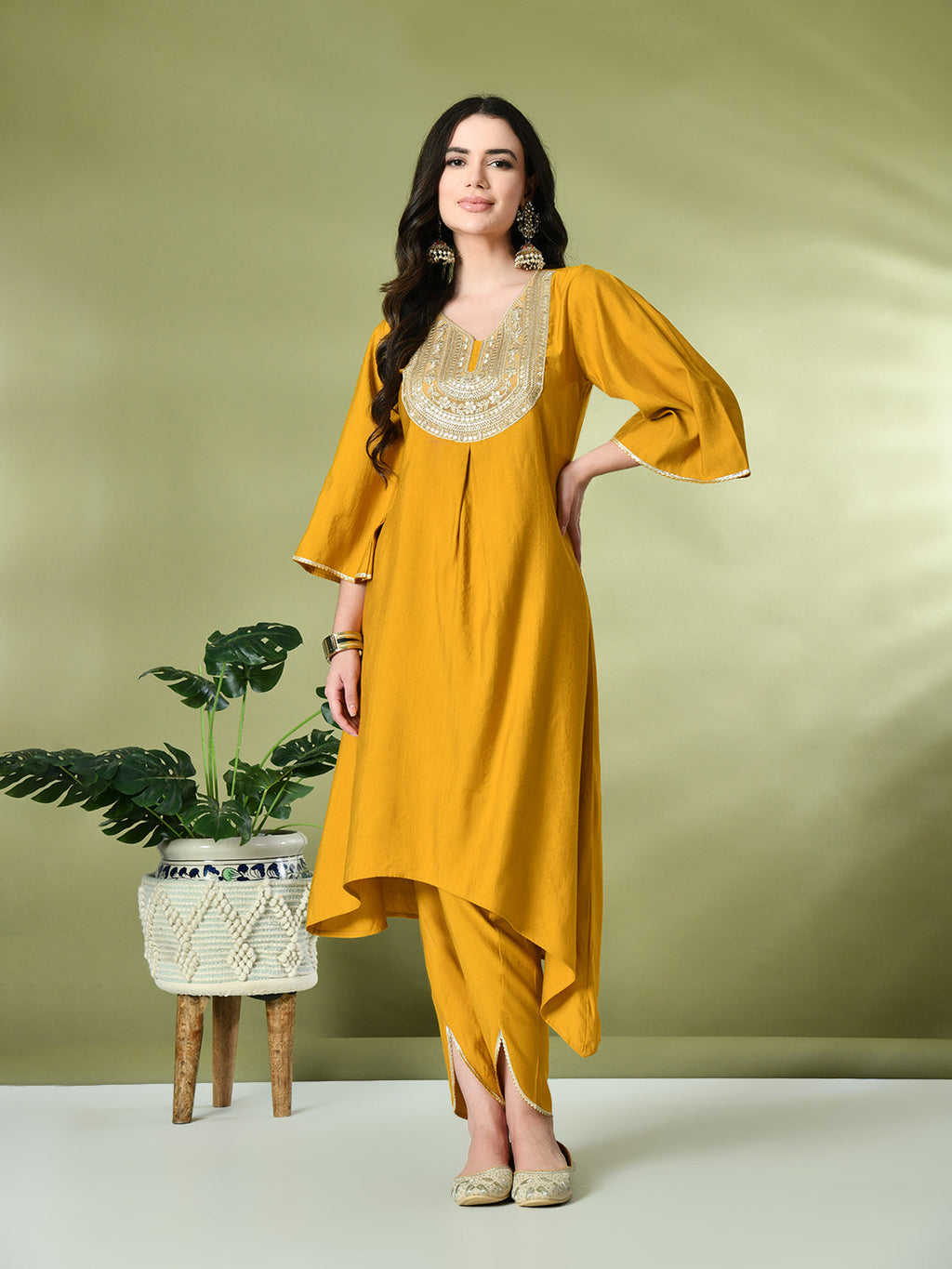 Myshka Women's Embroidered V-Neck Bell Sleeves Kurta & Dhoti Pants With Printed Dupatta Sets in Mustard Color