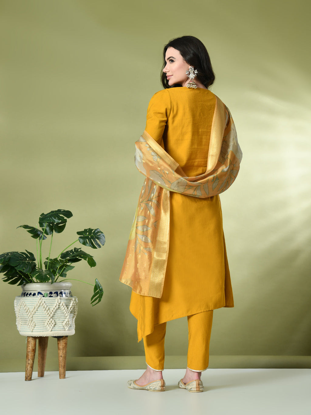 Myshka Women's Embroidered V-Neck Bell Sleeves Kurta & Dhoti Pants With Printed Dupatta Sets in Mustard Color