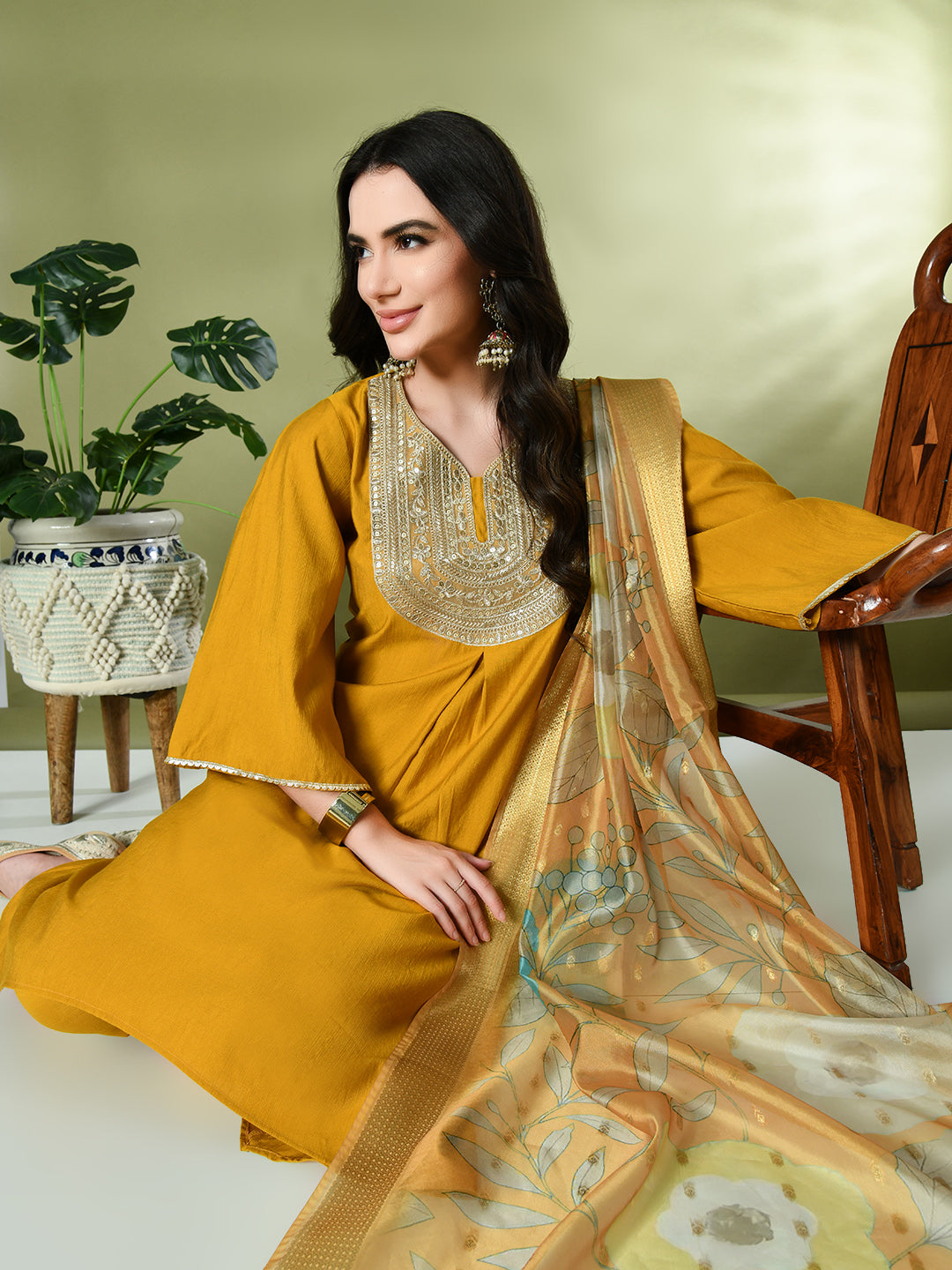 Myshka Women's Embroidered V-Neck Bell Sleeves Kurta & Dhoti Pants With Printed Dupatta Sets in Mustard Color