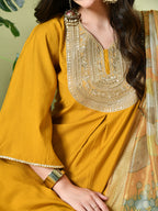 Myshka Women's Embroidered V-Neck Bell Sleeves Kurta & Dhoti Pants With Printed Dupatta Sets in Mustard Color