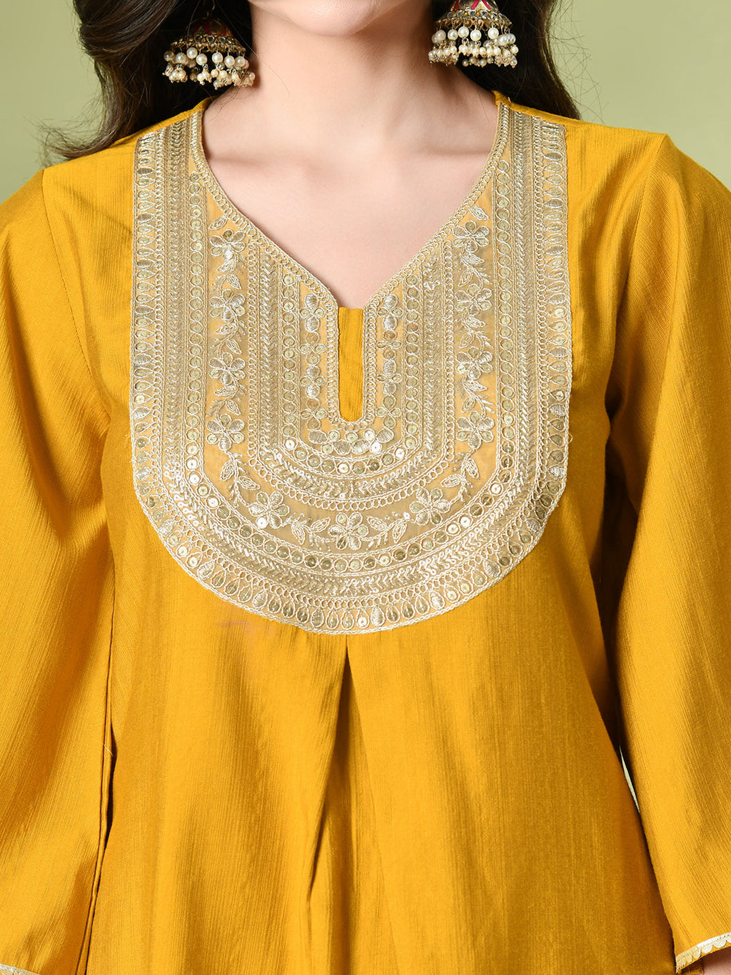 Myshka Women's Embroidered V-Neck Bell Sleeves Kurta & Dhoti Pants With Printed Dupatta Sets in Mustard Color