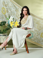 Myshka Women's Embroidered V-Neck Bell Sleeves Kurta & Dhoti Pants With Printed Dupatta Sets in White Color