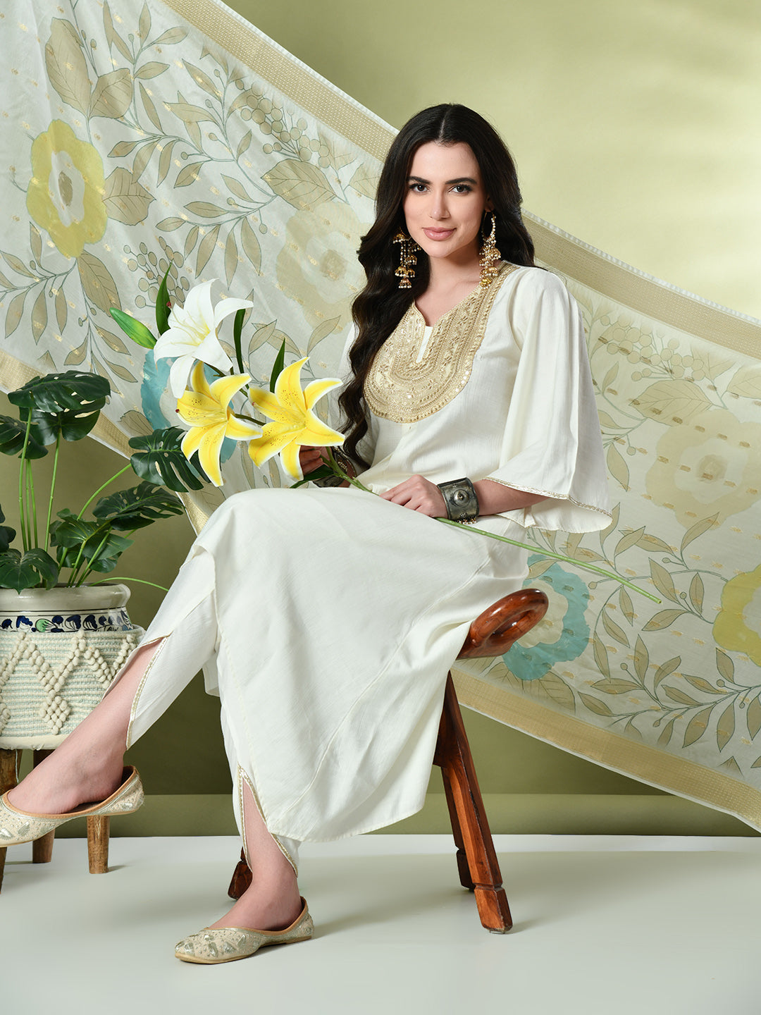 Myshka Women's Embroidered V-Neck Bell Sleeves Kurta & Dhoti Pants With Printed Dupatta Sets in White Color