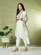 Myshka Women's Embroidered V-Neck Bell Sleeves Kurta & Dhoti Pants With Printed Dupatta Sets in White Color