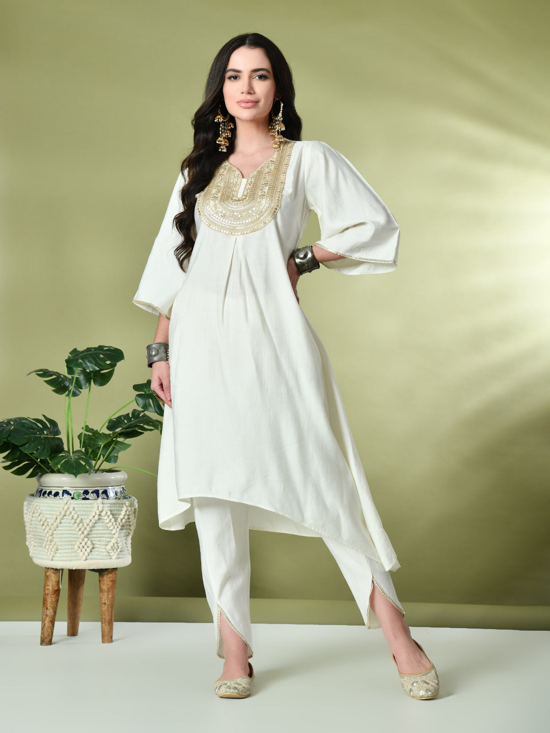Myshka Women's Embroidered V-Neck Bell Sleeves Kurta & Dhoti Pants With Printed Dupatta Sets in White Color
