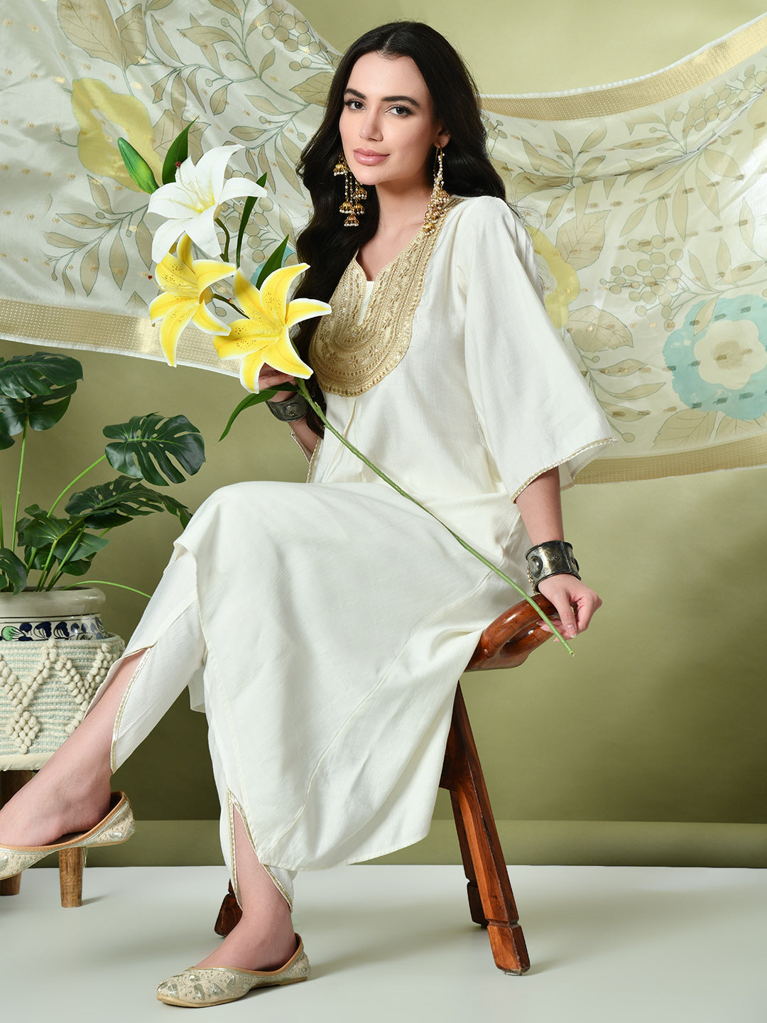Myshka Women's Embroidered V-Neck Bell Sleeves Kurta & Dhoti Pants With Printed Dupatta Sets in White Color