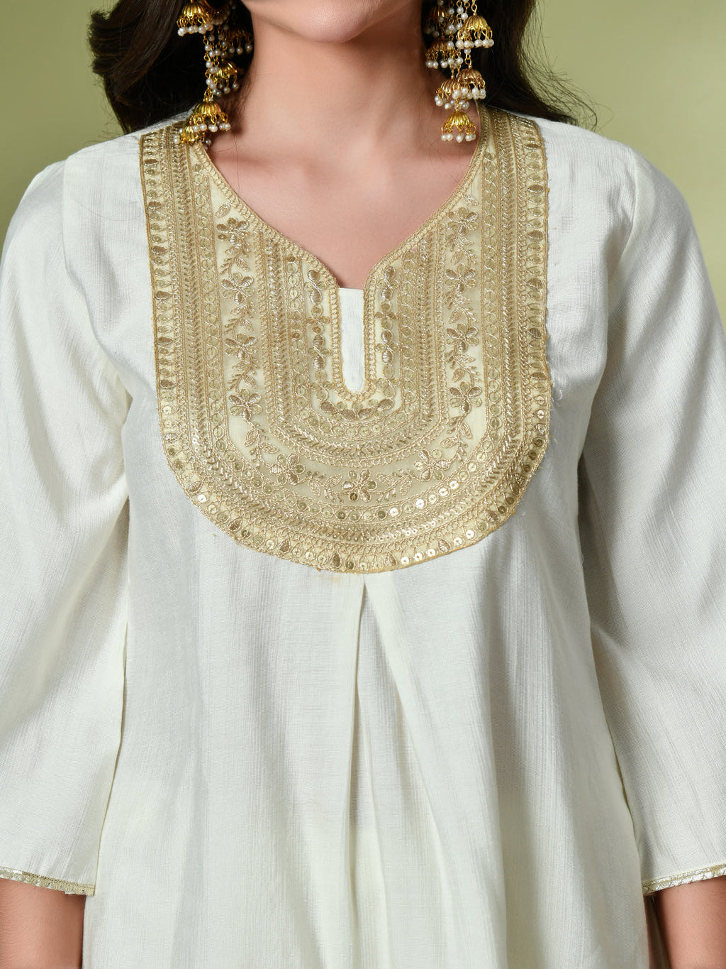 Myshka Women's Embroidered V-Neck Bell Sleeves Kurta & Dhoti Pants With Printed Dupatta Sets in White Color