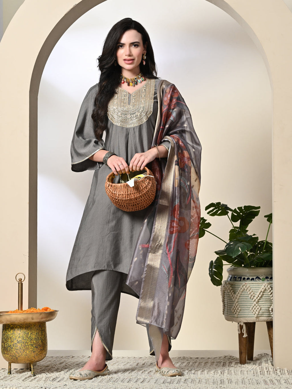 Myshka Women's Embroidered V-Neck Bell Sleeves Kurta & Dhoti Pants With Printed Dupatta Sets in Grey Color