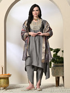 Myshka Women's Embroidered V-Neck Bell Sleeves Kurta & Dhoti Pants With Printed Dupatta Sets in Grey Color