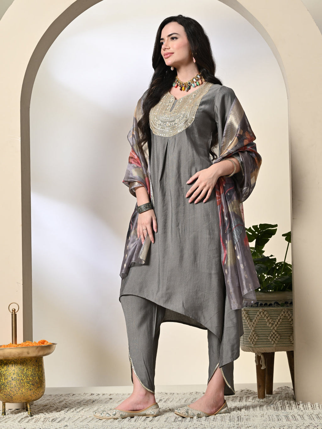 Myshka Women's Embroidered V-Neck Bell Sleeves Kurta & Dhoti Pants With Printed Dupatta Sets in Grey Color