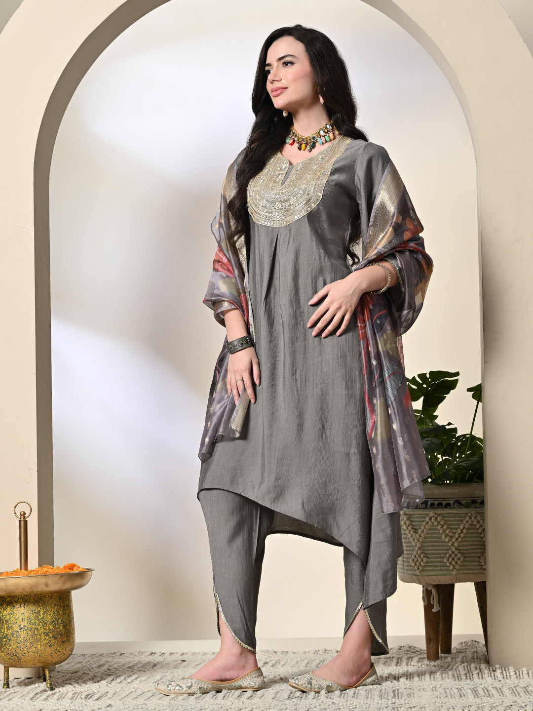 Myshka Women's Embroidered V-Neck Bell Sleeves Kurta & Dhoti Pants With Printed Dupatta Sets in Grey Color