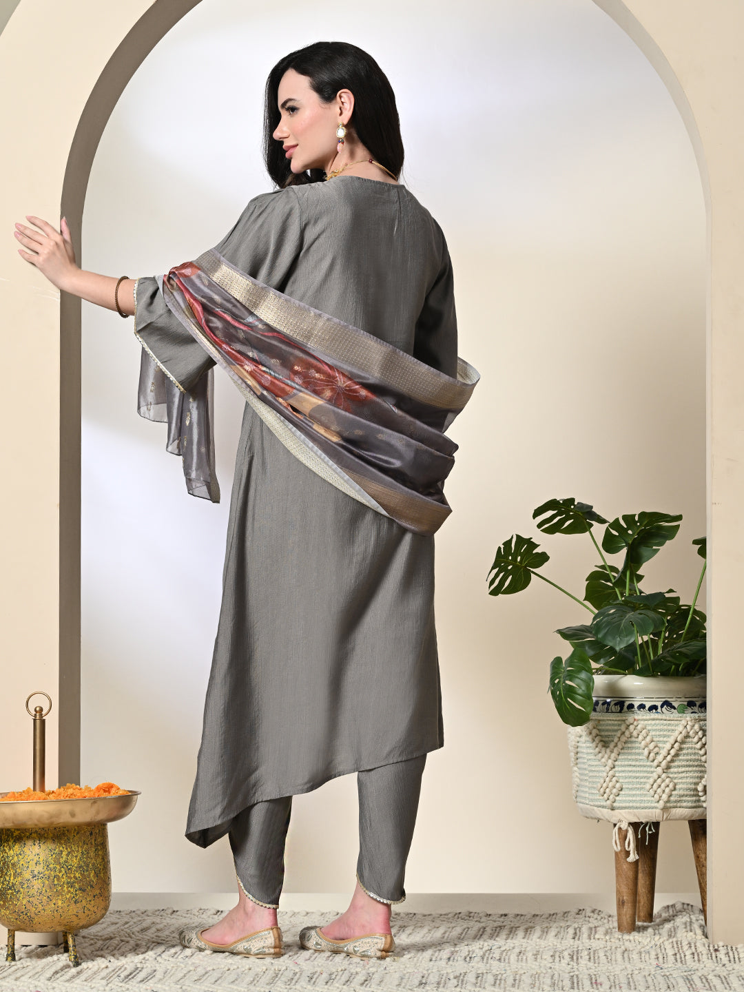 Myshka Women's Embroidered V-Neck Bell Sleeves Kurta & Dhoti Pants With Printed Dupatta Sets in Grey Color