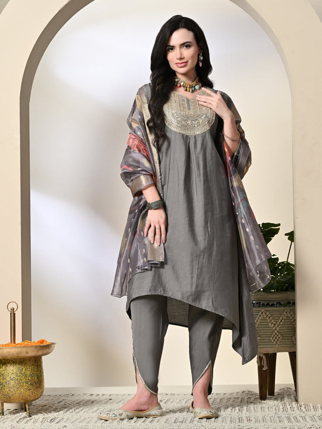 Myshka Women's Embroidered V-Neck Bell Sleeves Kurta & Dhoti Pants With Printed Dupatta Sets in Grey Color