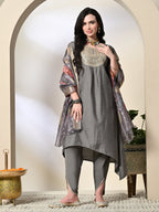 Myshka Women's Embroidered V-Neck Bell Sleeves Kurta & Dhoti Pants With Printed Dupatta Sets in Grey Color