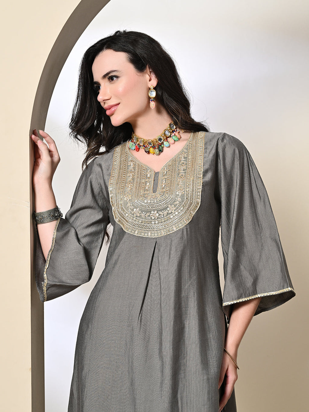 Myshka Women's Embroidered V-Neck Bell Sleeves Kurta & Dhoti Pants With Printed Dupatta Sets in Grey Color
