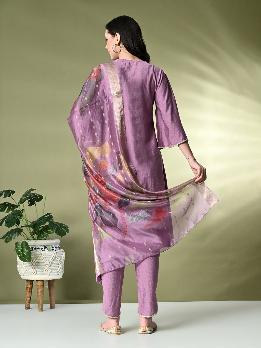 Myshka Women's Embroidered V-Neck Bell Sleeves Kurta & Dhoti Pants With Printed Dupatta Sets in Lavender Color