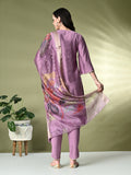 Myshka Women's Embroidered V-Neck Bell Sleeves Kurta & Dhoti Pants With Printed Dupatta Sets in Lavender Color