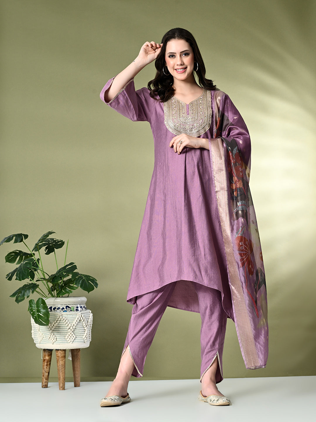 Myshka Women's Embroidered V-Neck Bell Sleeves Kurta & Dhoti Pants With Printed Dupatta Sets in Lavender Color