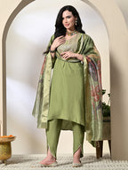 Myshka Women's Embroidered V-Neck Bell Sleeves Kurta & Dhoti Pants With Printed Dupatta Sets in Green Color