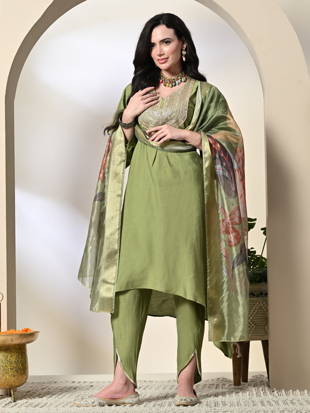 Myshka Women's Embroidered V-Neck Bell Sleeves Kurta & Dhoti Pants With Printed Dupatta Sets in Green Color