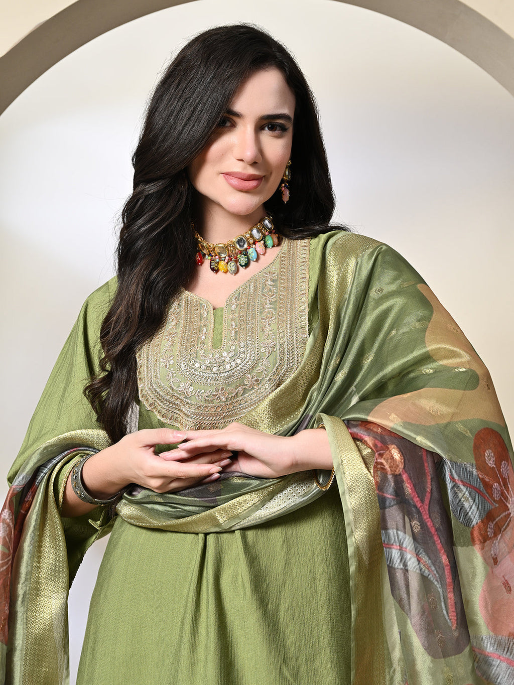 Myshka Women's Embroidered V-Neck Bell Sleeves Kurta & Dhoti Pants With Printed Dupatta Sets in Green Color