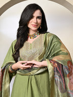 Myshka Women's Embroidered V-Neck Bell Sleeves Kurta & Dhoti Pants With Printed Dupatta Sets in Green Color