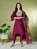 Myshka Women's Embroidered V-Neck Bell Sleeves Kurta & Dhoti Pants With Printed Dupatta Sets in Magenta Color