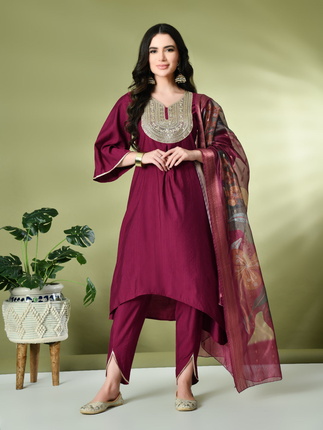 Myshka Women's Embroidered V-Neck Bell Sleeves Kurta & Dhoti Pants With Printed Dupatta Sets in Magenta Color