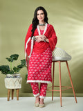 Myshka Women's Printed V-Neck Bell Sleeves Kurta & Trousers With Dupatta Sets in Pink Color
