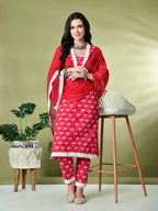Myshka Women's Printed V-Neck Bell Sleeves Kurta & Trousers With Dupatta Sets in Pink Color