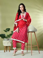 Myshka Women's Printed V-Neck Bell Sleeves Kurta & Trousers With Dupatta Sets in Pink Color