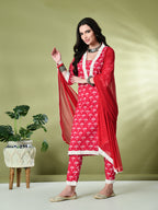 Myshka Women's Printed V-Neck Bell Sleeves Kurta & Trousers With Dupatta Sets in Pink Color