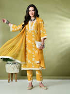 Myshka Women's Printed V-Neck Bell Sleeves Kurta & Trousers With Dupatta Sets in Yellow Color