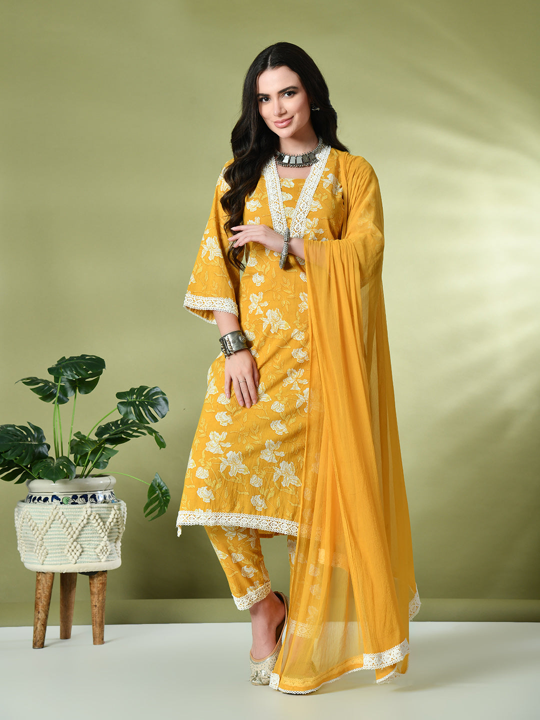 Myshka Women's Printed V-Neck Bell Sleeves Kurta & Trousers With Dupatta Sets in Yellow Color