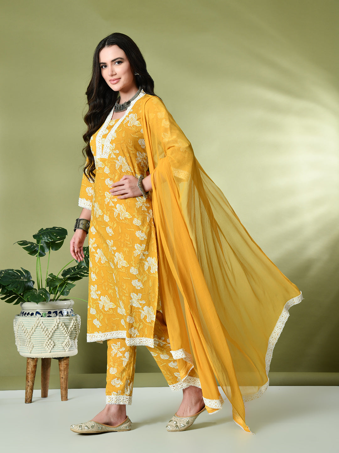 Myshka Women's Printed V-Neck Bell Sleeves Kurta & Trousers With Dupatta Sets in Yellow Color