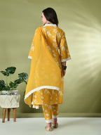 Myshka Women's Printed V-Neck Bell Sleeves Kurta & Trousers With Dupatta Sets in Yellow Color