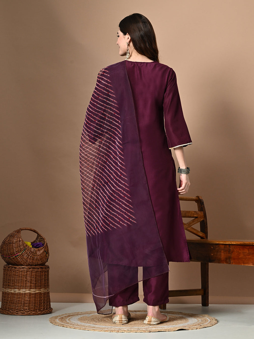 Myshka Women's Embroidered V-Neck Bell Sleeves Kurta & Palazzos With Printed Dupatta Sets in Magenta Color