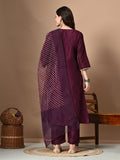 Myshka Women's Embroidered V-Neck Bell Sleeves Kurta & Palazzos With Printed Dupatta Sets in Magenta Color