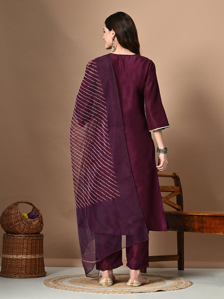 Myshka Women's Embroidered V-Neck Bell Sleeves Kurta & Palazzos With Printed Dupatta Sets in Magenta Color