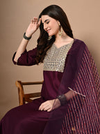 Myshka Women's Embroidered V-Neck Bell Sleeves Kurta & Palazzos With Printed Dupatta Sets in Magenta Color