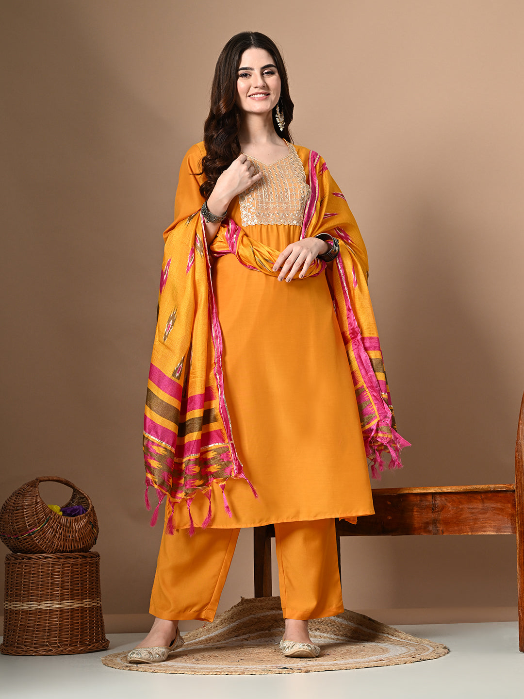 Myshka Women's Embroidered V-Neck Bell Sleeves Kurta & Palazzos With Printed Dupatta Sets in Yellow Color