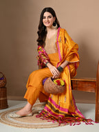 Myshka Women's Embroidered V-Neck Bell Sleeves Kurta & Palazzos With Printed Dupatta Sets in Yellow Color