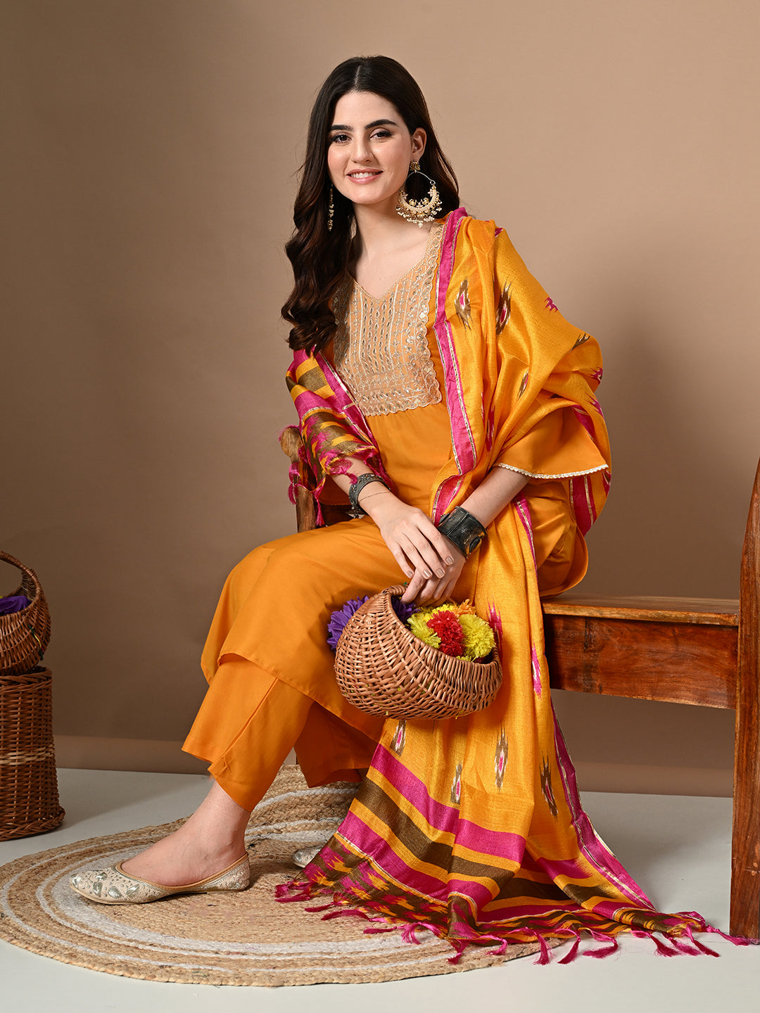 Myshka Women's Embroidered V-Neck Bell Sleeves Kurta & Palazzos With Printed Dupatta Sets in Yellow Color