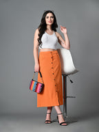Myshka Women's Solid Ribbed A-Line Embellished Casual Skirt in Orange Color