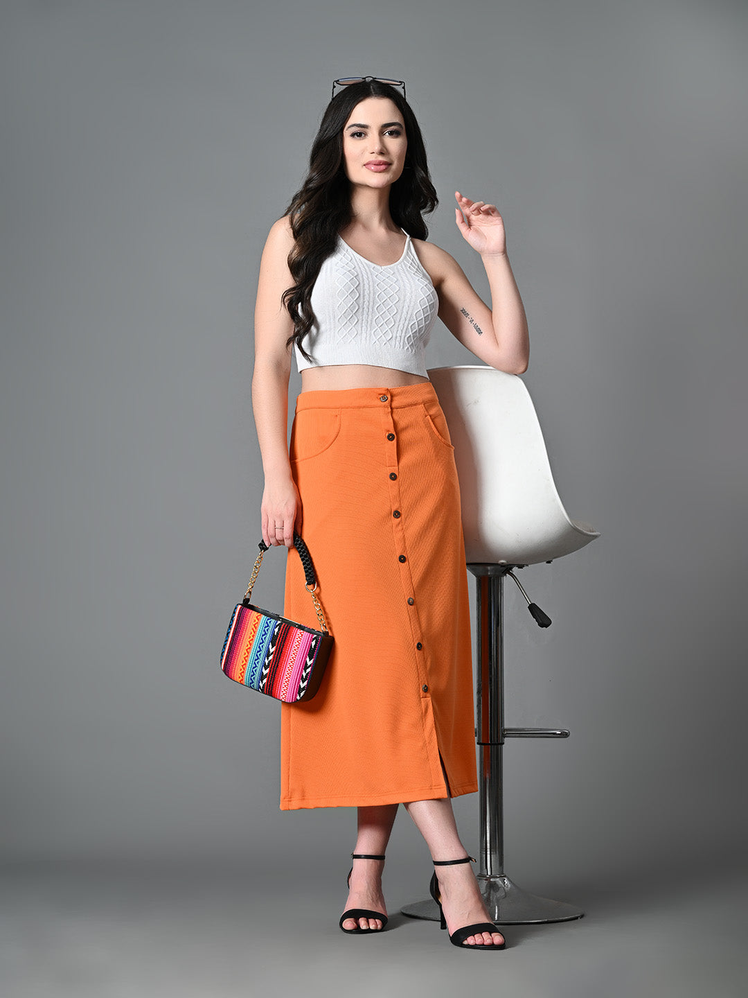 Myshka Women's Solid Ribbed A-Line Embellished Casual Skirt in Orange Color